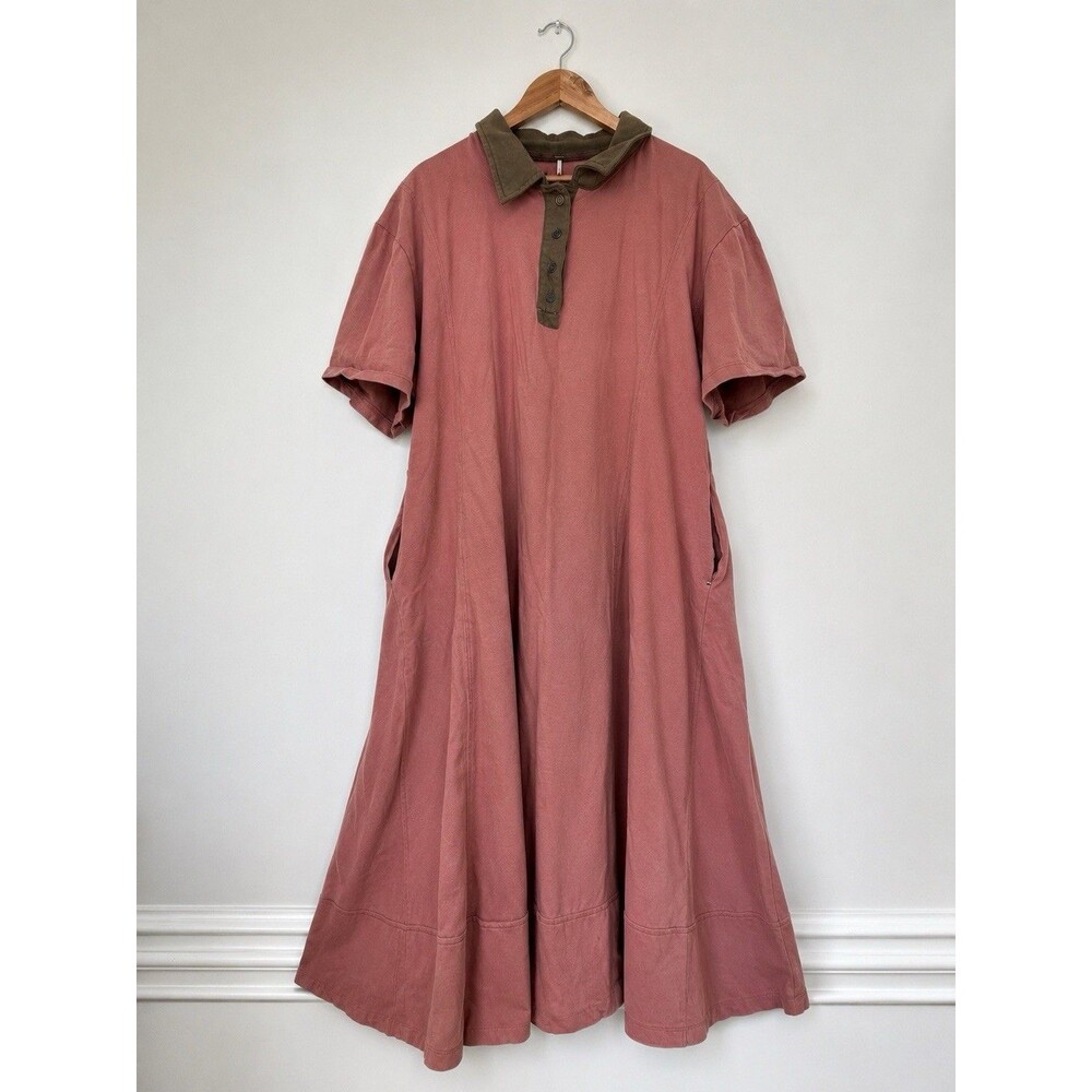 Free People Pink Cotton Oversized Polo Maxi Dress XL Casual Boho Pockets